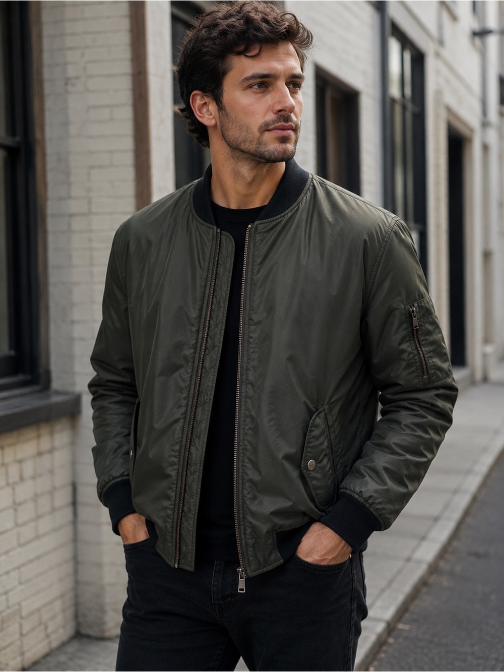 Zara basic mens quilted bomber jacket medium green black sleeves euc full zip